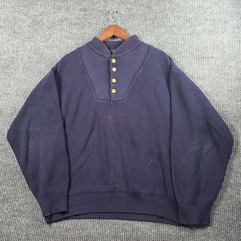 Vintage 90s Eddie Bauer Navy Blue Cotton Knit Henley Sweater Mens Large Gorpcore - Picture 2 of 9